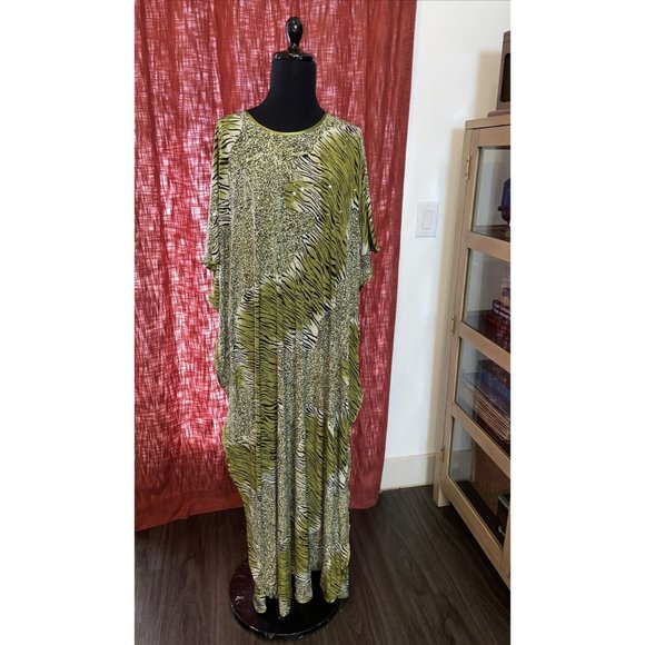 Vtg AL MAKDOOMI Kaftan Lounge Mumu Animal Print Safari Size S/M Dress Coverup - Picture 1 of 16
